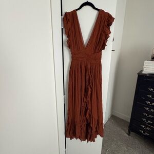Free People Rust Midi Dress with Ruffle Sleeves